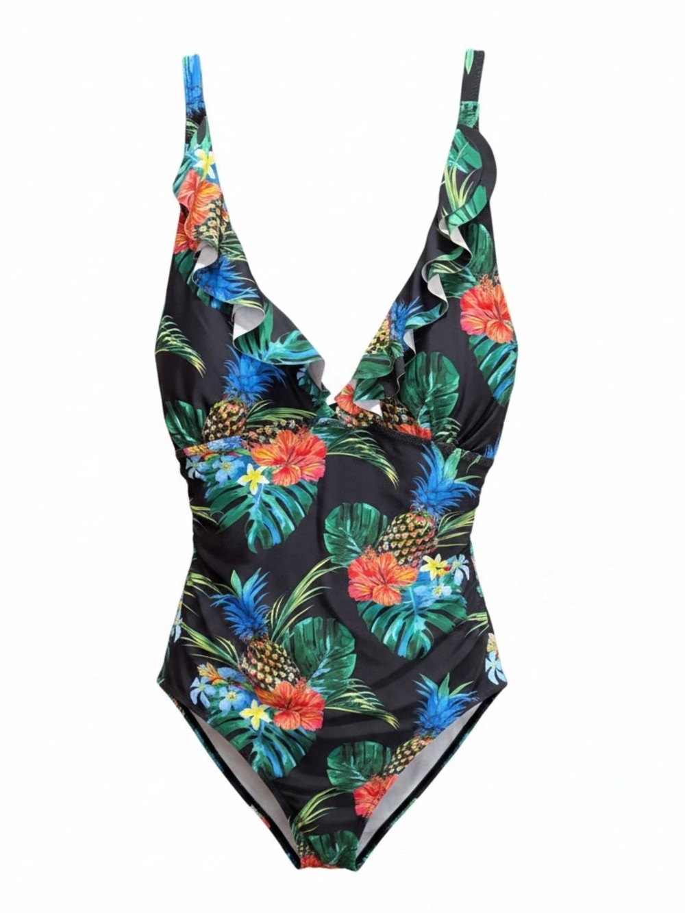 Tropical Floral Ruffle One-Piece Swimsuit - Black
